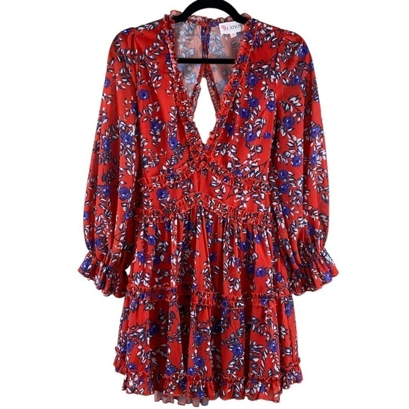 L'ATISTE by Amy‎ Anthropologie Red Floral Long Sleeve Open Back Short Dress Sz S - Picture 2 of 14